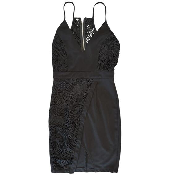 Women’s Black Midi Formal Cocktail Dress Small 0/2 Front Slit Lace Overlay - Picture 1 of 6